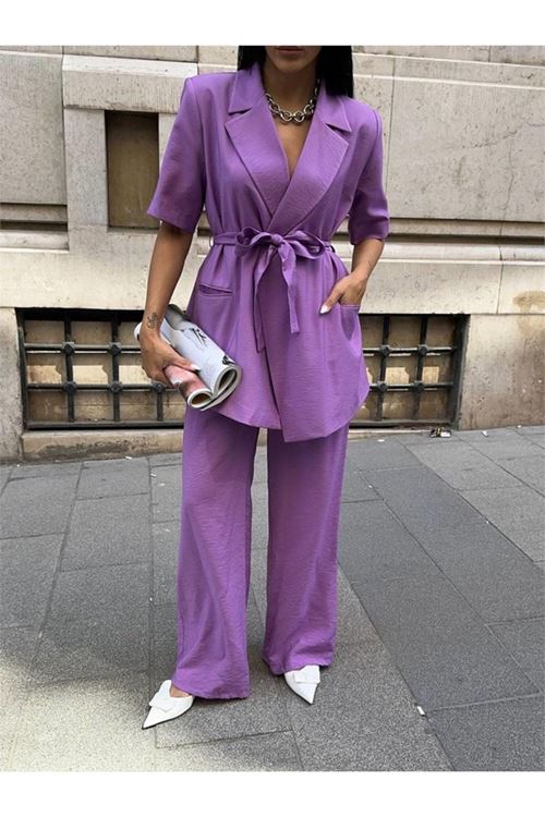KISA KOL BAĞLAMA DETAYLI CEKET-PANTOLON TAKIM - Mor