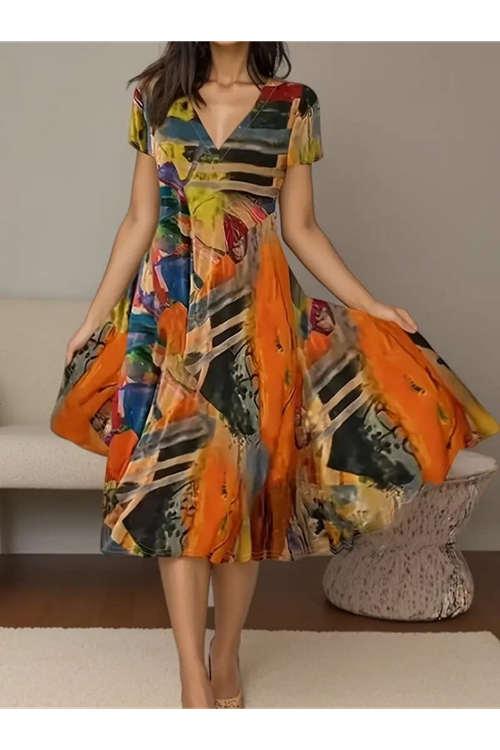 Kadın Kısa Kollu V Yaka Renkli Karışık Desen Kloş Süprem Midi Elbise