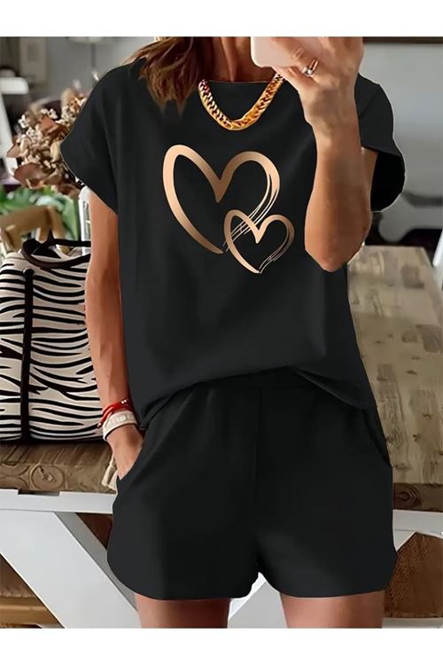 Kadın Kısa Kollu Bisiklet Yaka Viskon Iki Iplik Bluz Ve Short Ikili Takım