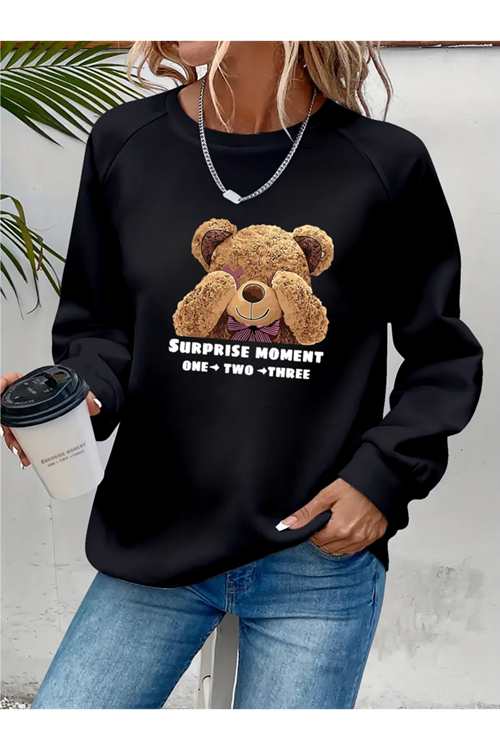 Kadın Uzun Kollu Bisiklet Yaka Ayıcık Desenli Viskon Iki Iplik Bluz