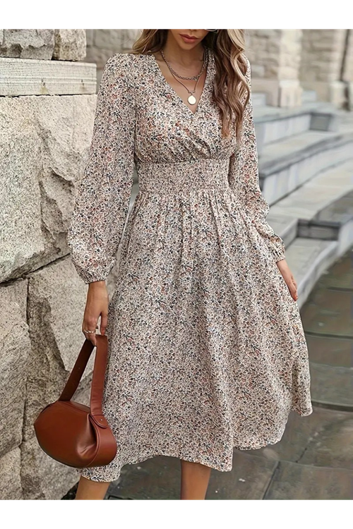 Kadın Uzun Kollu Kruvaze Yaka Beli Lastikli Kiloş Desenli Midi Süprem Elbise