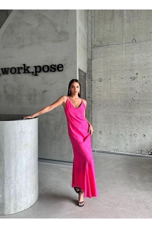 JAKARLI ASKILI SATEN ELBİSE ASİMETRİK - Pembe