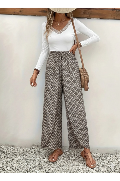 Kadın Yüksek Bel Lastikli önden Iki Parçalı Desenli Bürümcük Pantolon