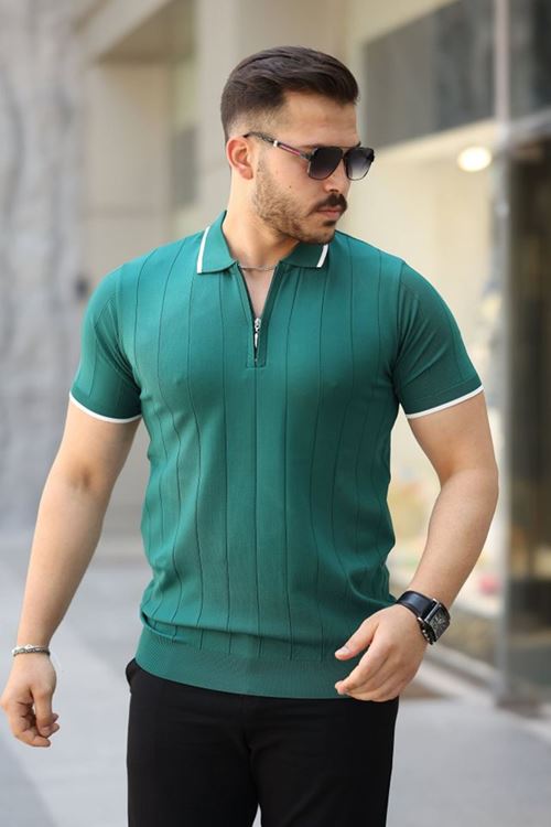 Erkek Fermuar Yakalı çizgi Dokulu Kısa Kollu Tişört