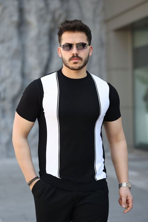 Erkek Viskon Kumaş Bisiklet Yaka çizgi Desenli Tişört