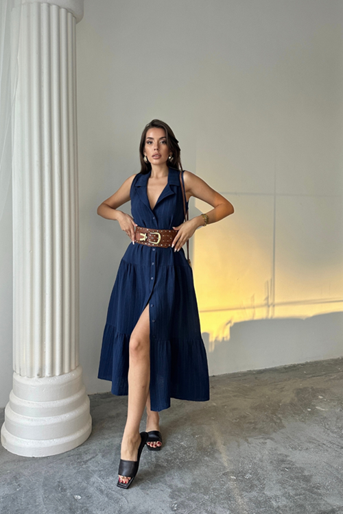 MÜSLİN ELBİSE GÖMLEK YAKA KOLSUZ ÖNDEN DÜĞMELİ - Lacivert