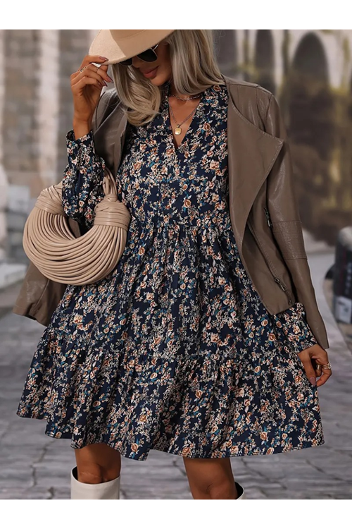 Kadın Uzun Kollu Hakim V Yakalı Desenli Volanlı Süprem Elbise