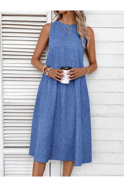 Kadın Kolsuz Bisiklet Yaka Cepli Midi Keten Elbise