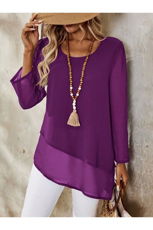 Kadın Uzun Kollu Yuvarlak Asimetrik Detaylı şifon Bluz