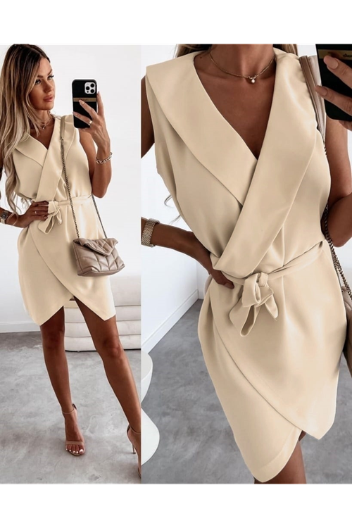 Kruvaze Yaka Kuşaklı Krep Kumaş Elbise