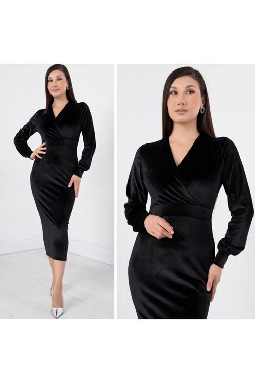 Kadın Kadife Kumaş Manşetli V Yaka Şık Kalem Elbise