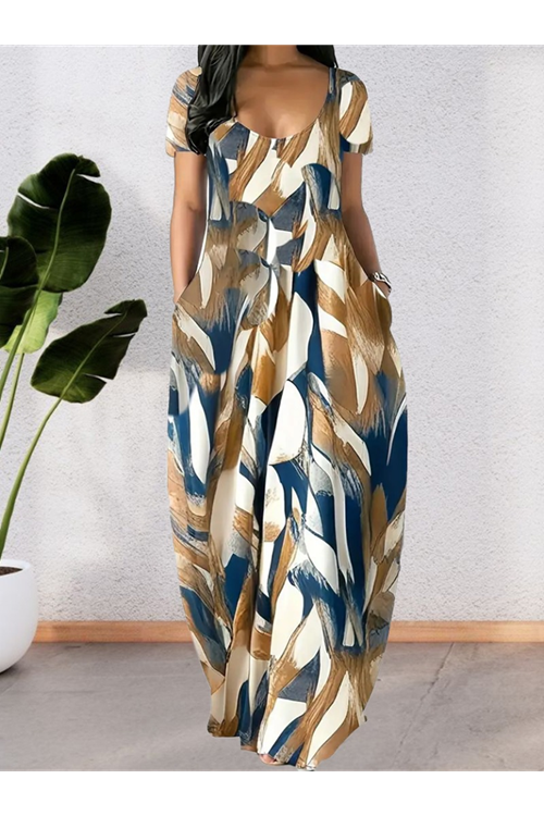 Kadın Kısa Kollu Yuvarlak Yaka Cepli Salaş Baskılı Süprem Elbise