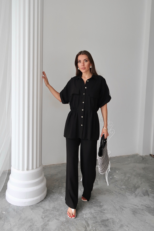 KETEN BELDEN BÜZGÜ DETAYLI GÖMLEK - PANTOLON TAKIM - Siyah
