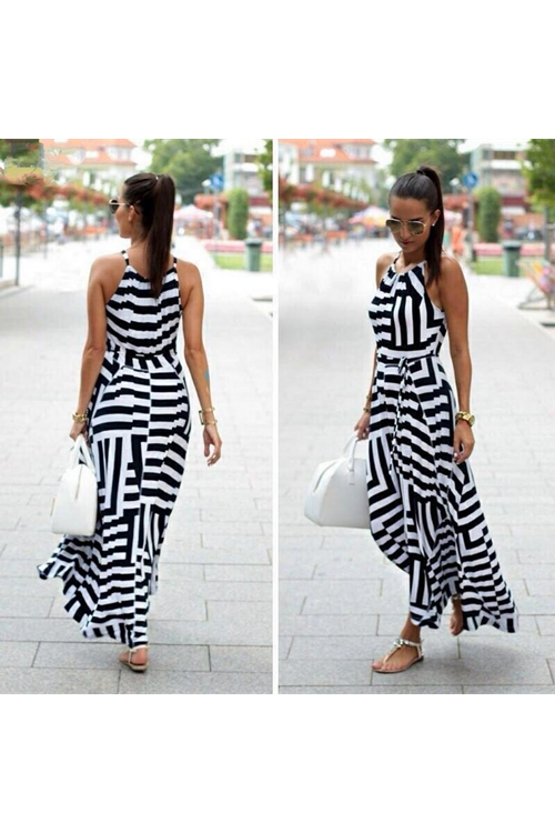 Kadın Askılı Belden Bağlamalı Geometrik Desen Krep Elbise