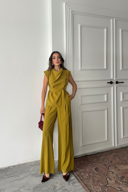 TENCEL MODAL KOLSUZ BLUZ KAPALI CEP DETAYLI DÖKÜMLÜ - PANTOLON TAKIM - Yağ Yeşili