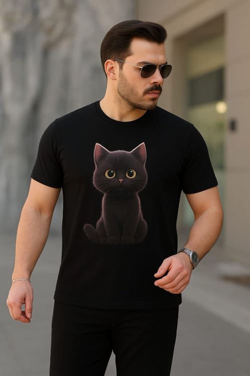 Erkek Bisiklet Yaka Kedi Baskılı Süprem T-shirt