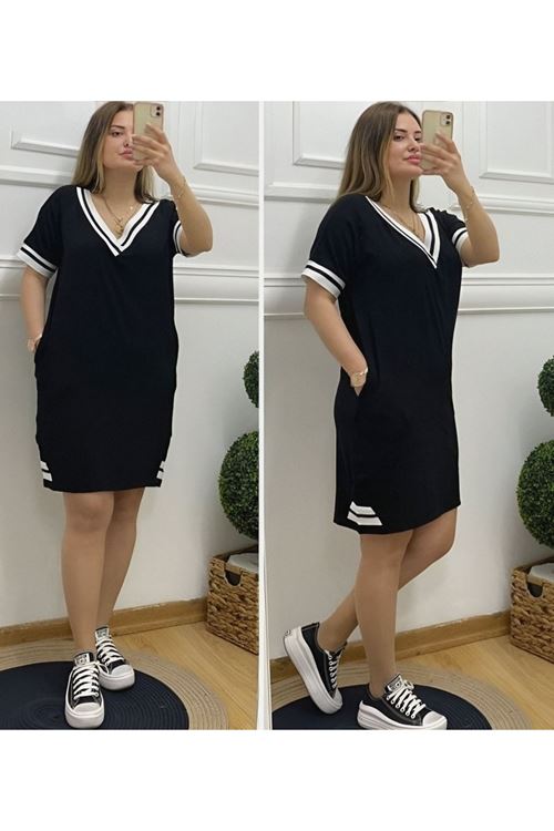 Kadın Kısa Kollu V Yaka Ribana Detaylı Cepli Dizüstü Viskon Elbise