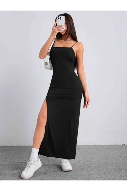 Kadın Ip Askılı Yandan Yırtmaçlı Janjan Krep Elbise