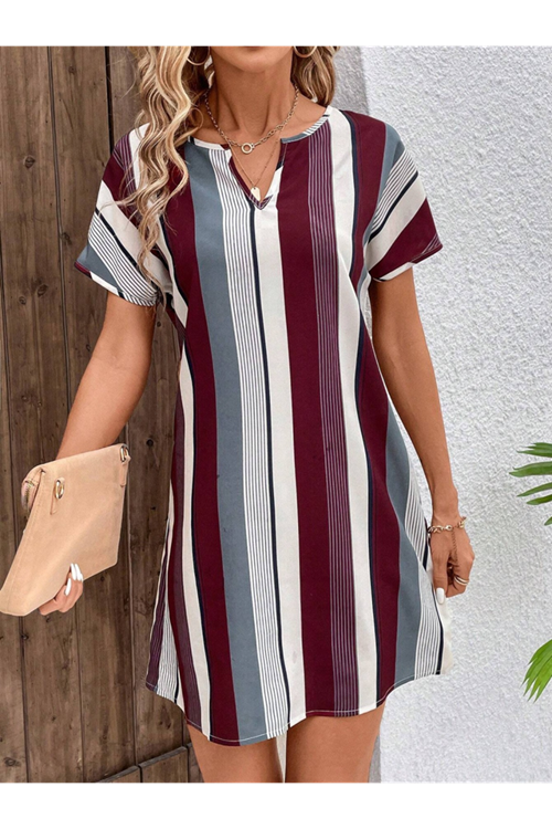 Kadın Kısa Kollu V Yakalı çizgi Baskılı Süprem Elbise
