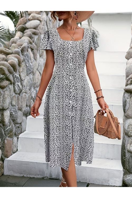 Kadın Kısa Kollu Kare Yaka önden Düğmeli çiçekli Süprem Elbise