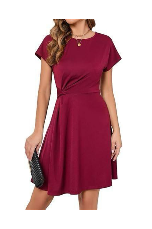 Kadın Sendy Kumaş Büzgü Detaylı Kısa Kollu Elbise