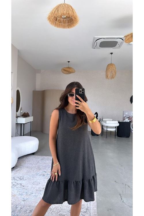 Kadın Bisiklet Yaka Eteği Volanlı Bürümcük Elbise