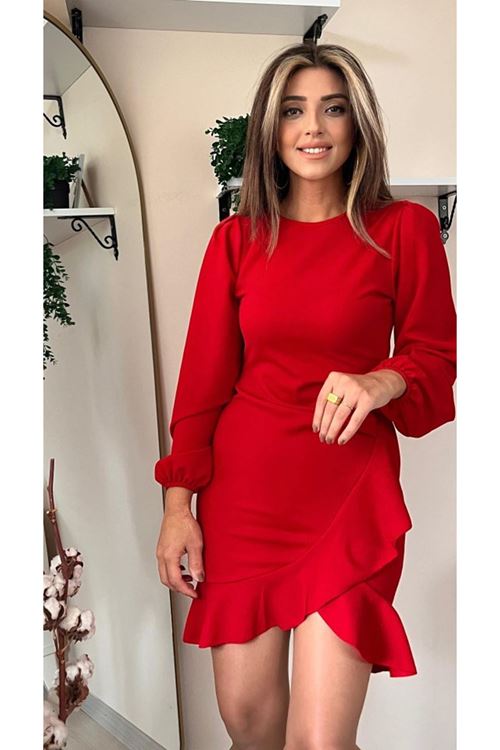 Kadın Uzun Kollu Bisiklet Yaka önden Volanlı Ithal Krep Elbise