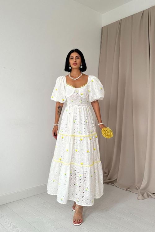 Sarı Dantel Detaylı Brode Elbise