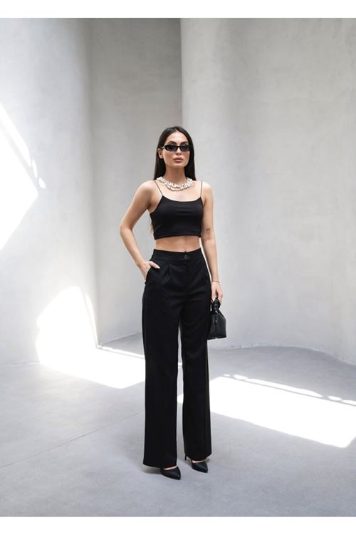 Arkasi Lasti̇kli̇ Pi̇leli̇ Dökümlü Wide Leg Pantolon