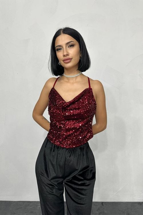 Bordo Askılı Degaje Bluz