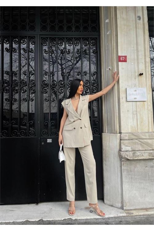 ÇİZGİLİ UZUN YELEK - PANTOLON TAKIM POLVİSCON - Bej