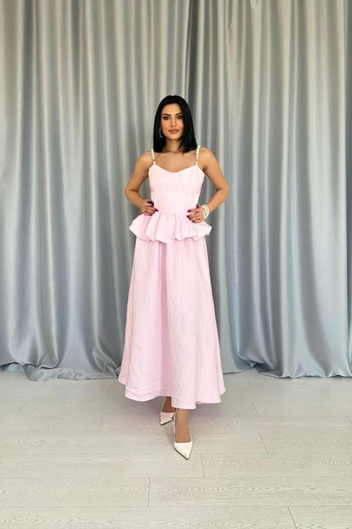 Pembe Beli Büzgülü İnci Askılı Uzun Elbise