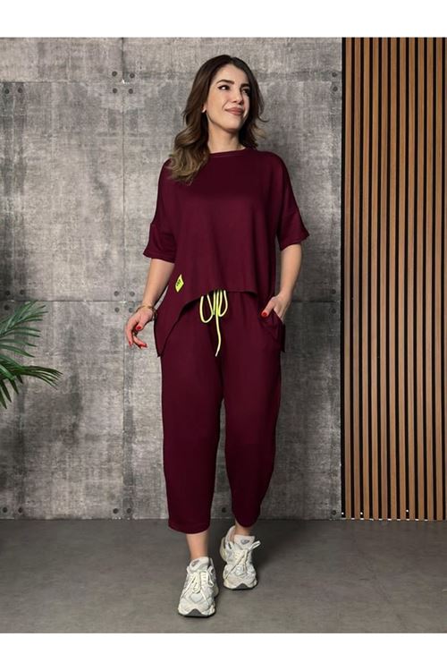 Kadın Kısa Kollu Bisiklet Yaka Viskon Iki Iplik Bluz Ve Pantolon Ikili Takım