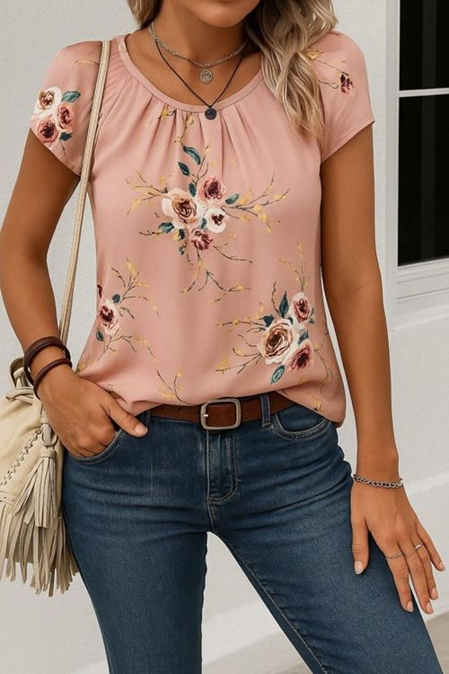 Kadın Kısa Kollu Bisiklet Yaka çiçek Baskılı Süprem Bluz
