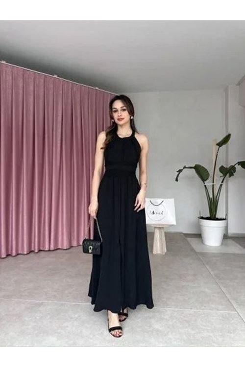 Kadın Krinkil Kumaş Beli Gipeli Halter Yaka Maxi Boy Elbise