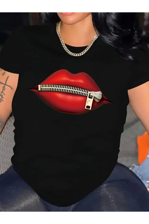 Baskılı Oversize Bisiklet Yaka T-shirt - Siyah