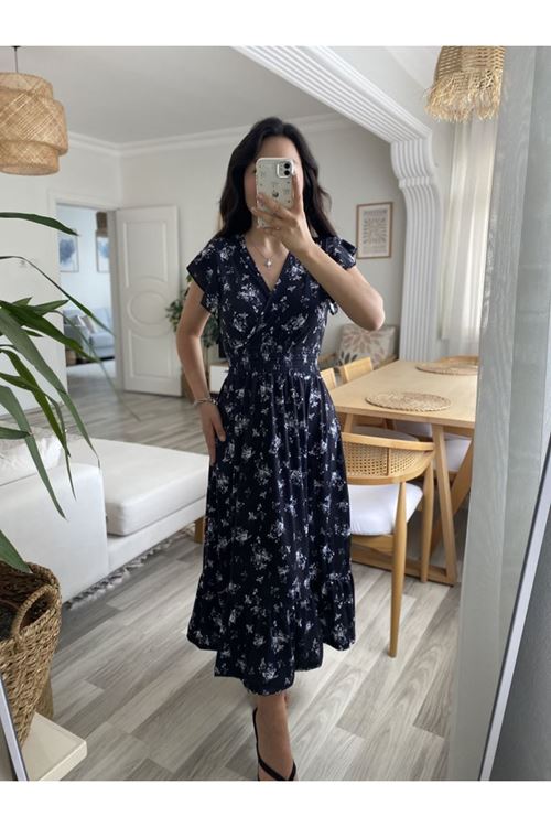 Kadın Kısa Kollu Kruvaze Yakalı Beli Lastikli çiçek Desenli Elbise