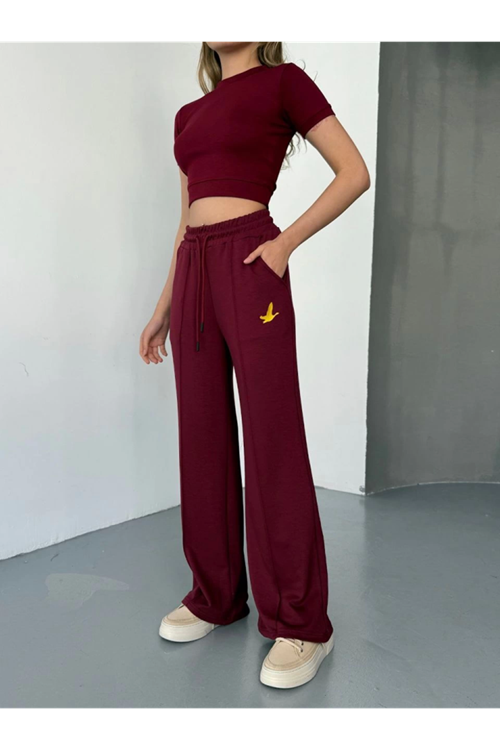 Osy Modal Yumuşak Dokulu Kumaş Nakış Işlemeli Rahat Bol Paça Eşofman Pantalon - Bordo