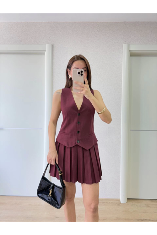 Takım Görünümlu Yelekli Mini Elbise- Bordo