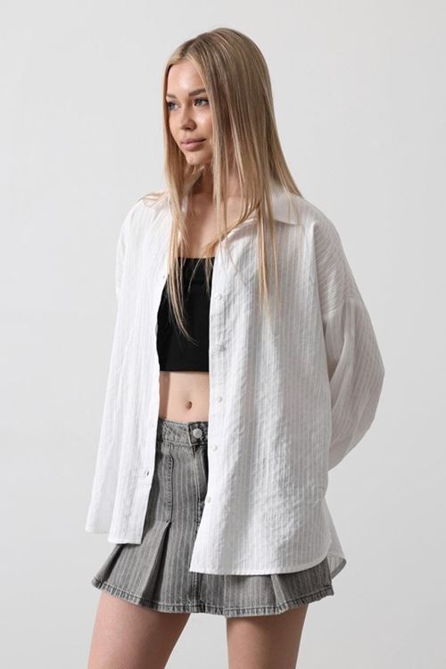 Çizgili Uzun Kol Gömlek - Beyaz