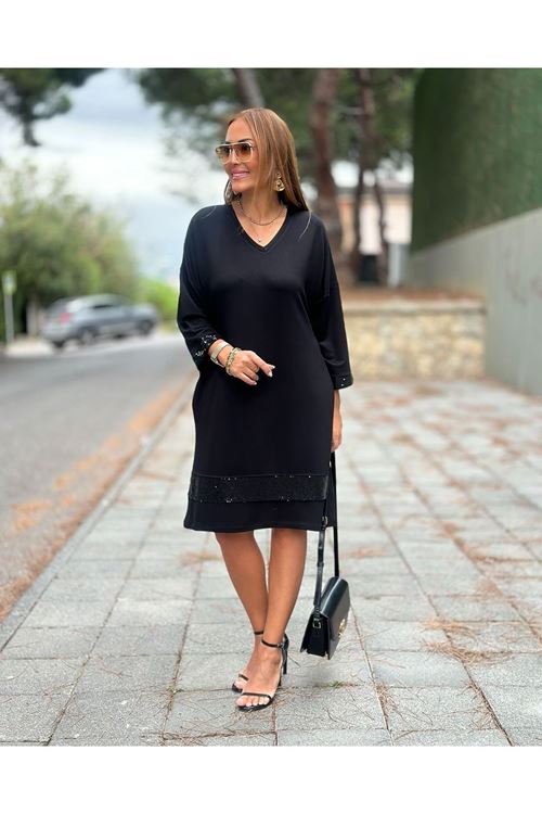 Kadın Modal Kumaş Kol Ve Etek Ucu Payetl Elbise