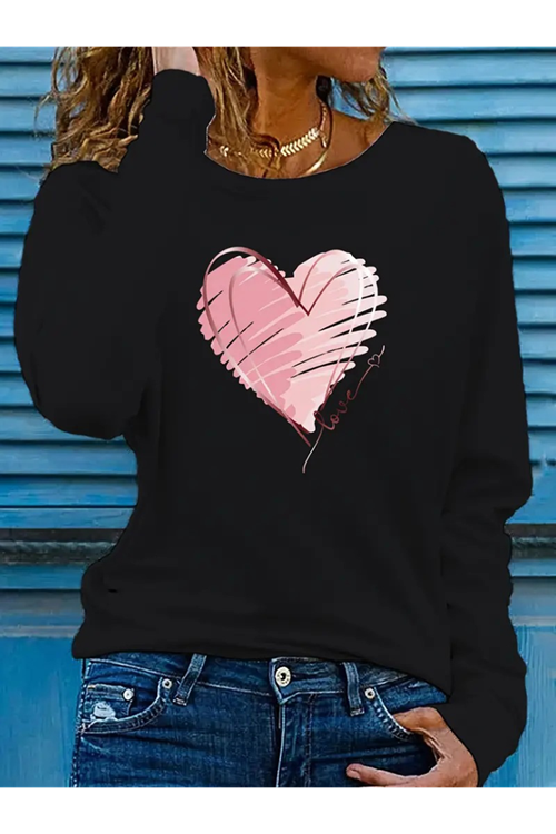 Kadın Uzun Kollu Bisiklet Yaka Kalp Desenli Viskon Bluz
