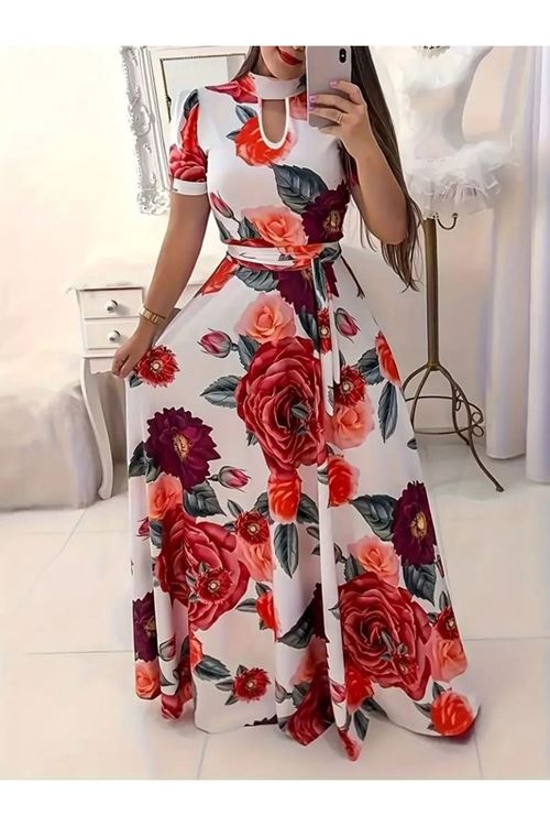 Kadın Kısa Kollu Pencere Detay Gül Baskılı Tam Boy Kiloş Elbise