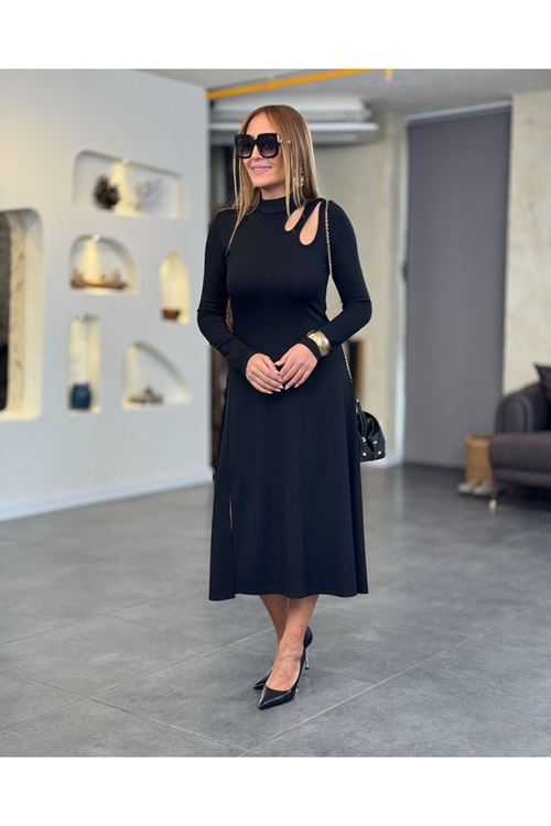 Kadın Uzun Kollu Balıkçı Yaka Omuzda Damla Detaylı Yırtmaçlı Krep Midi Elbise