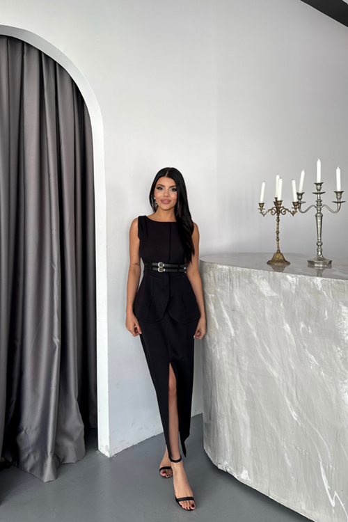 CEKET-ETEK GÖRÜNÜMLÜ ELBİSEÇİFT KEMER DETAYLI - Siyah