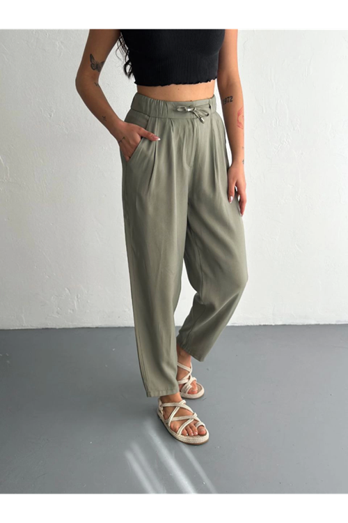 Yüksel Bel Rahat Paça Pantalon - Su Yeşili