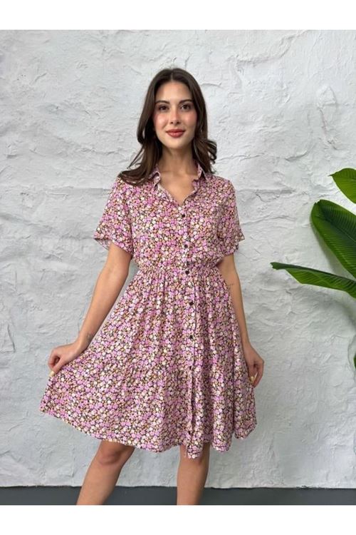 Baskılı Keten Elbise - Lila