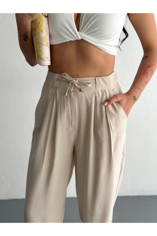 Yüksel Bel Rahat Paça Pantalon - Kırık Beyaz