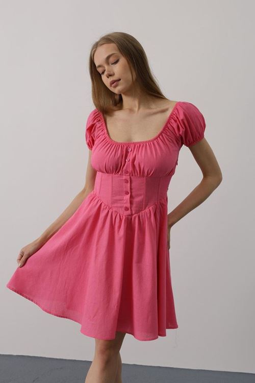 Beli Korseli Mini Elbise - Fuşya