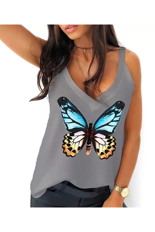 Kadın Kelebek Baskılı Sandy Kumaş Askılı Bluz